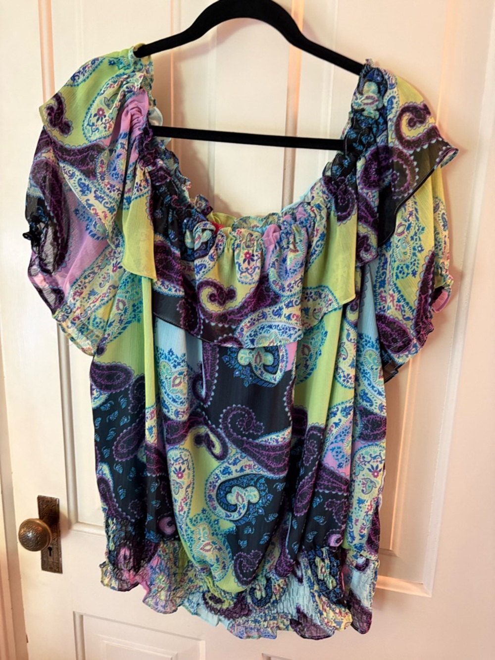 Sunny Leigh Paisley Off-Shoulder Blouse in Lime, Purple, Blue